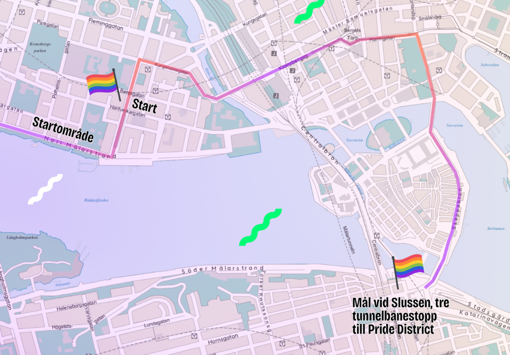 Karta över Stockholms innerstad med markerad rutt där paradvägen kommer gå. 